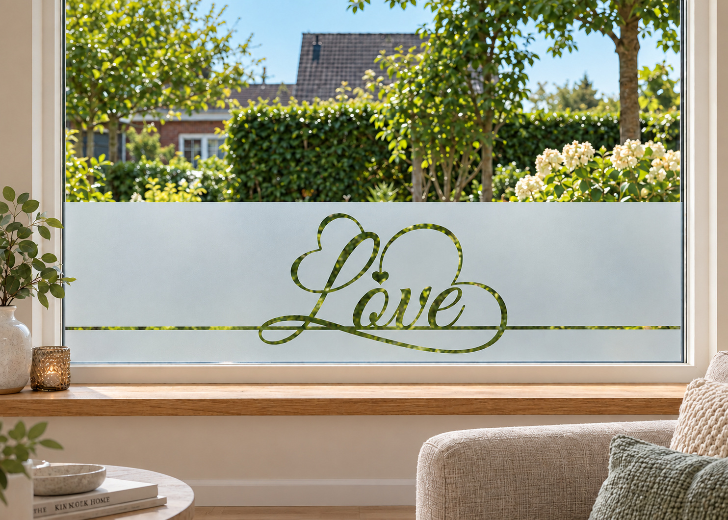 Raamfolie Love (RFH006) als horizontale raamfolie boven de vensterbank in een woonkamerraam, met matte folie en doorkijk naar de tuin.