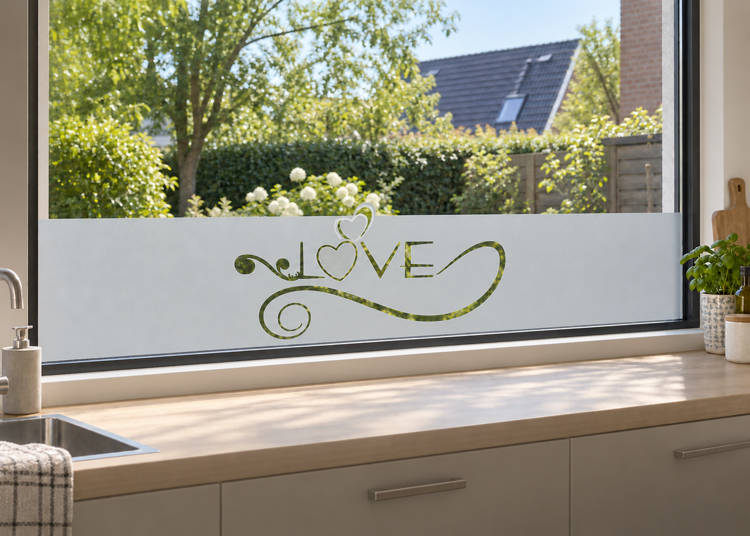 Raamfolie Love (RFH028) als horizontale raamfolie boven het aanrecht in een keukenraam, met matte folie en doorkijk naar de tuin.