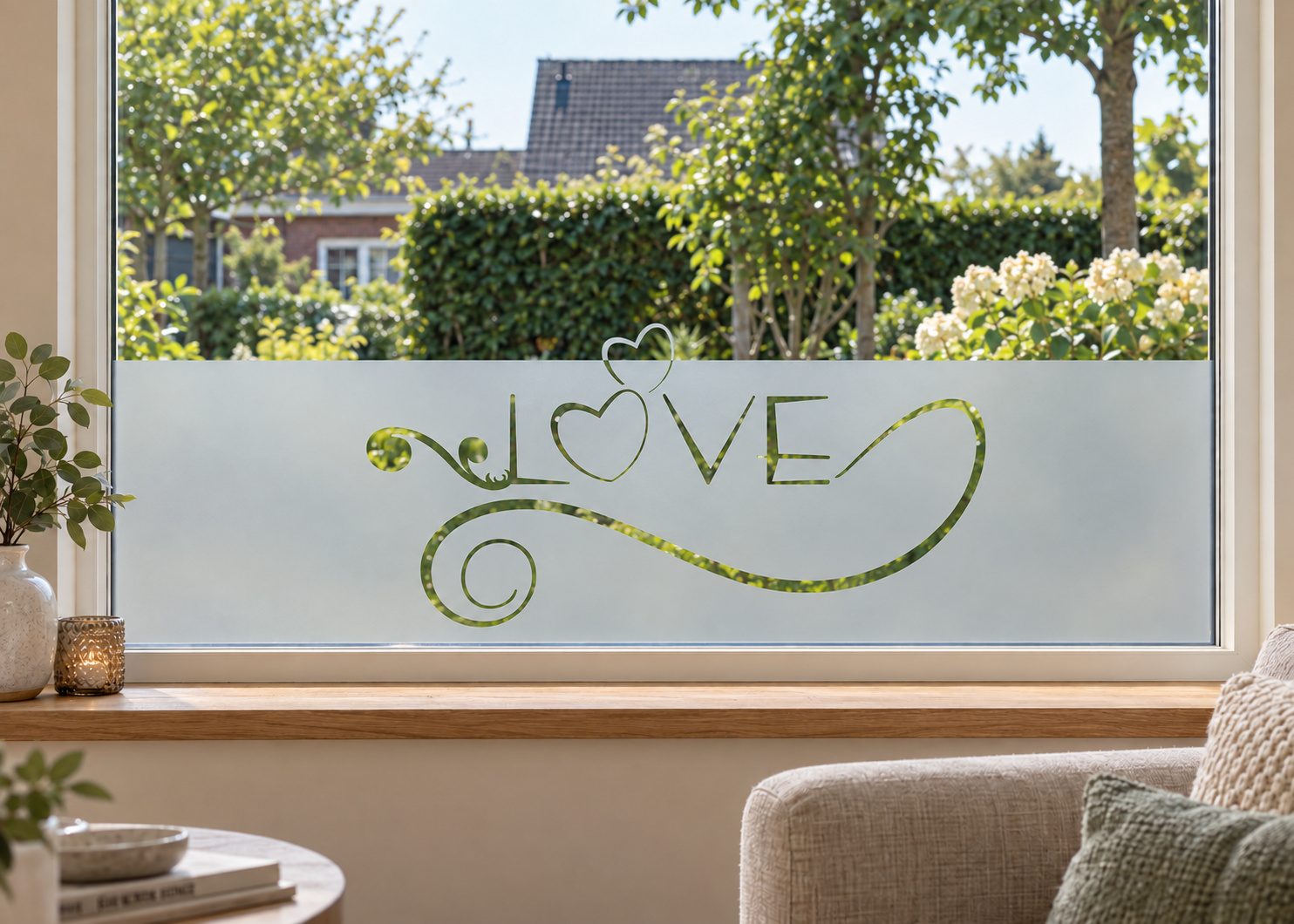 Raamfolie Love (RFH028) als horizontale raamfolie boven de vensterbank in een woonkamerraam, met matte folie en doorkijk naar de tuin.
