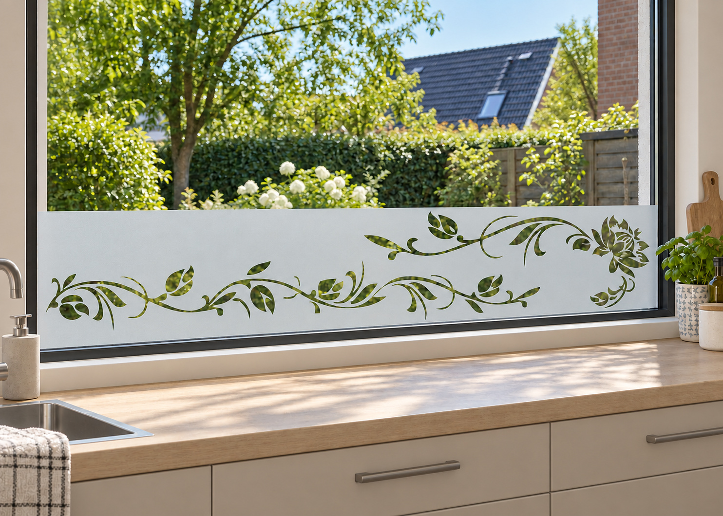 Raamfolie met bloemen en krullen (RFH030) als horizontale raamfolie boven het aanrecht in een keukenraam, met matte folie en doorkijk naar de tuin.