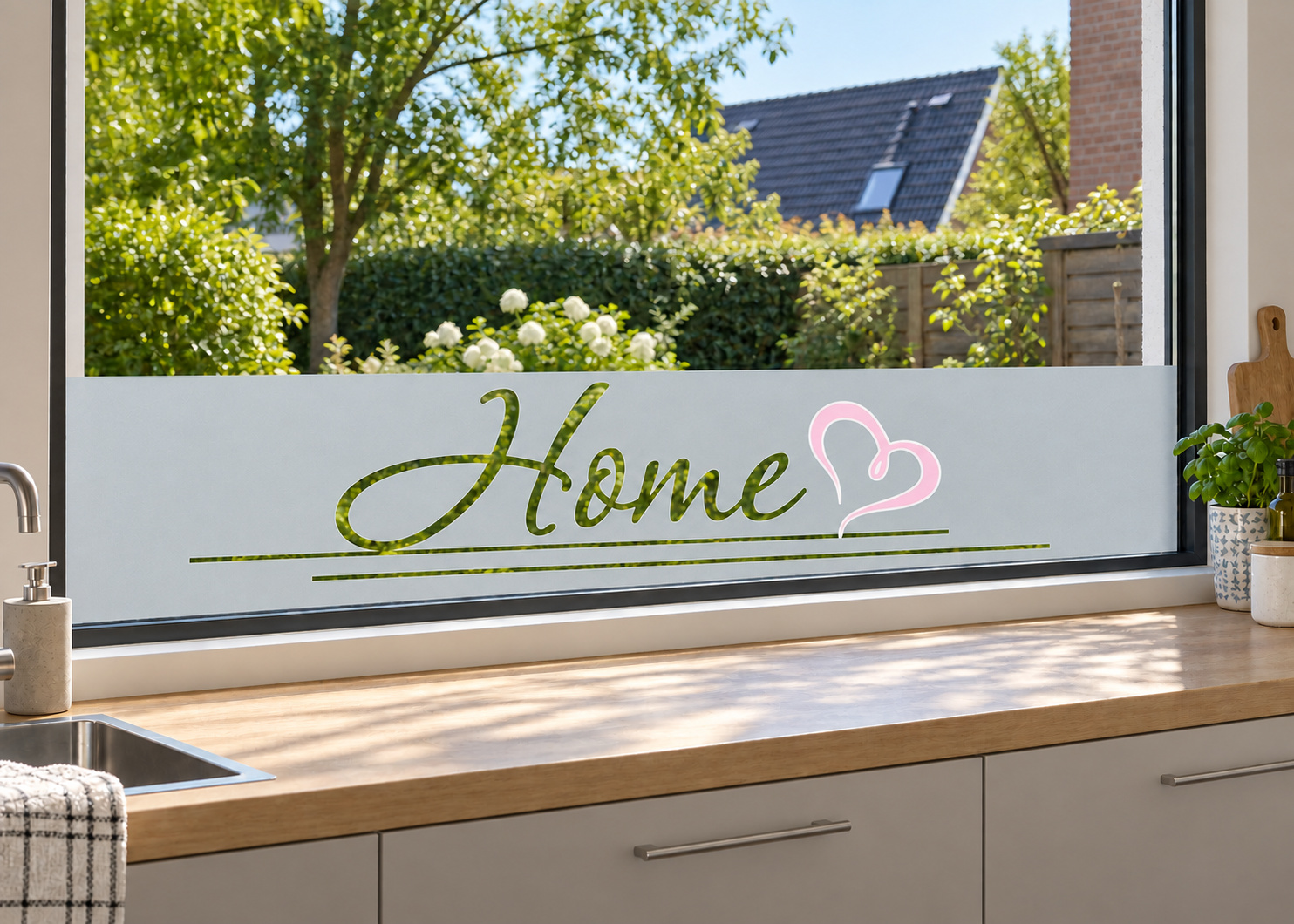 Raamfolie met gekleurd hart (RFH031) als horizontale raamfolie boven het aanrecht in een keukenraam, met matte folie en doorkijk naar de tuin.
