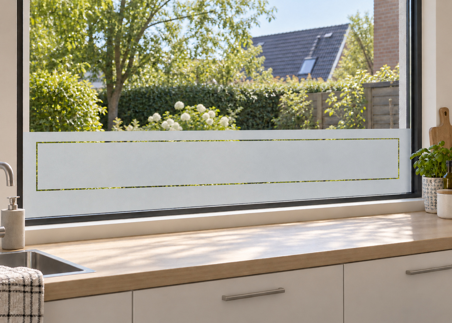 Raamfolie met kader (RFH083) als horizontale raamfolie boven het aanrecht in een keukenraam, met matte folie en doorkijk naar de tuin.