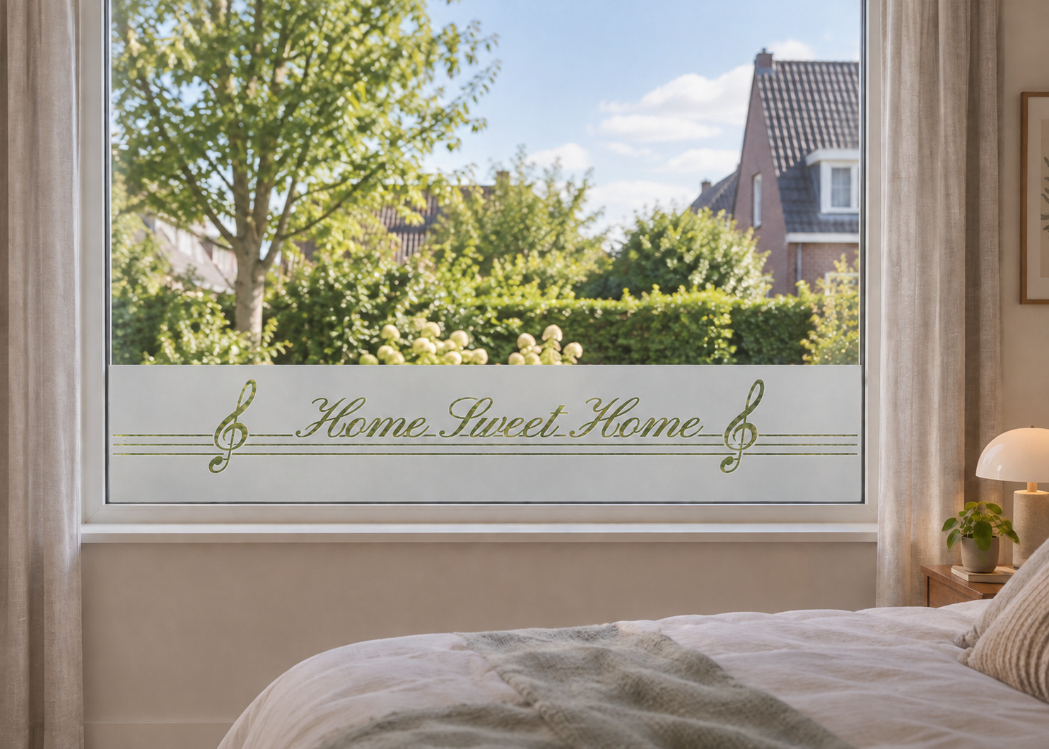 Raamfolie met muzieknootjes - Home Sweet Home (RFH033) als horizontale raamfolie boven de vensterbank in een slaapkamerraam, met matte folie en doorkijk naar de tuin.