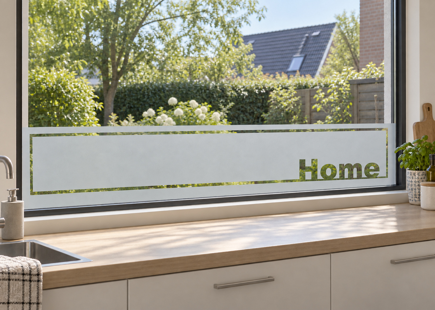 Raamfolie modern - kader met tekst Home (RFH005) als horizontale raamfolie boven het aanrecht in een keukenraam, met matte folie en doorkijk naar de tuin.