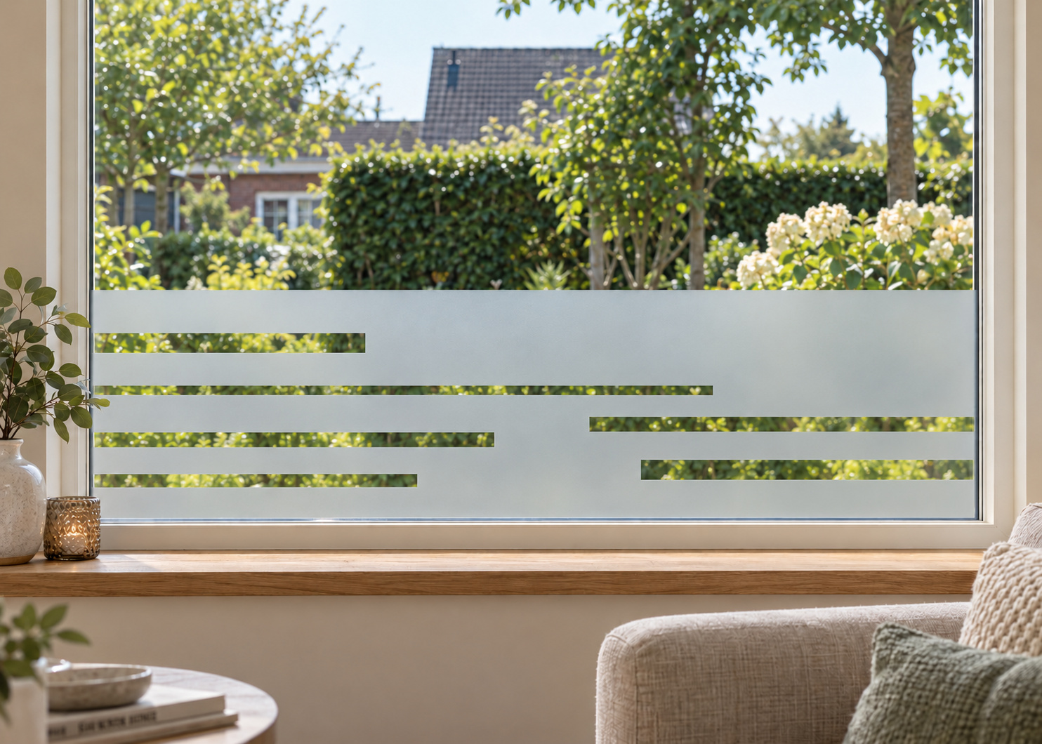 Raamfolie modern - strakke lijnen (RFH001) als horizontale raamfolie boven de vensterbank in een woonkamerraam, met matte folie en doorkijk naar de tuin.