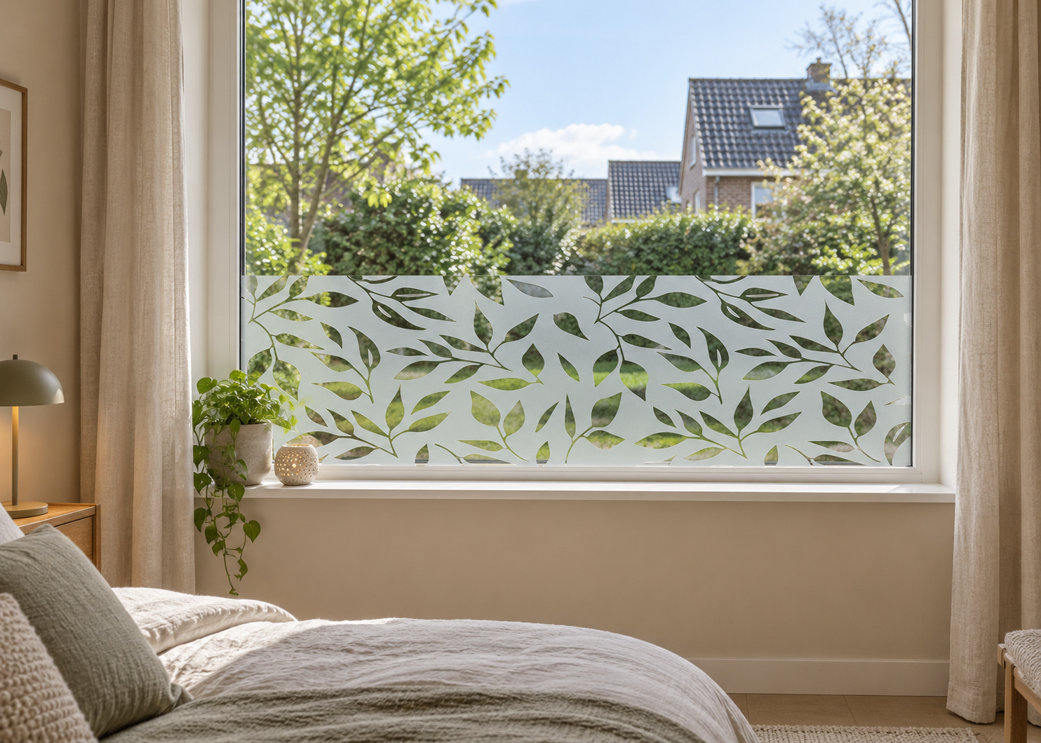 Raamfolie sierlijke bladeren (RFH097) als horizontale raamfolie boven de vensterbank in een slaapkamerraam, met matte folie en doorkijk naar de tuin.