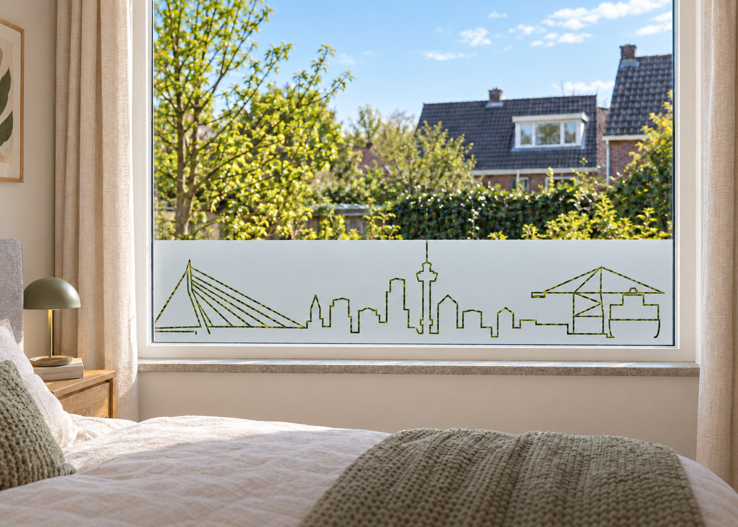 Raamfolie skyline Rotterdam (RFH094) als horizontale raamfolie boven de vensterbank in een slaapkamerraam, met matte folie en doorkijk naar de tuin.
