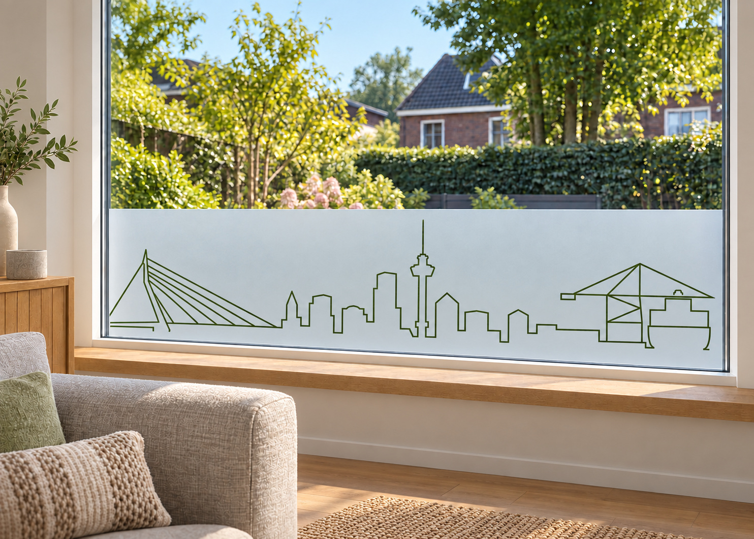 Raamfolie skyline Rotterdam (RFH094) als horizontale raamfolie boven de vensterbank in een woonkamerraam, met matte folie en doorkijk naar de tuin.