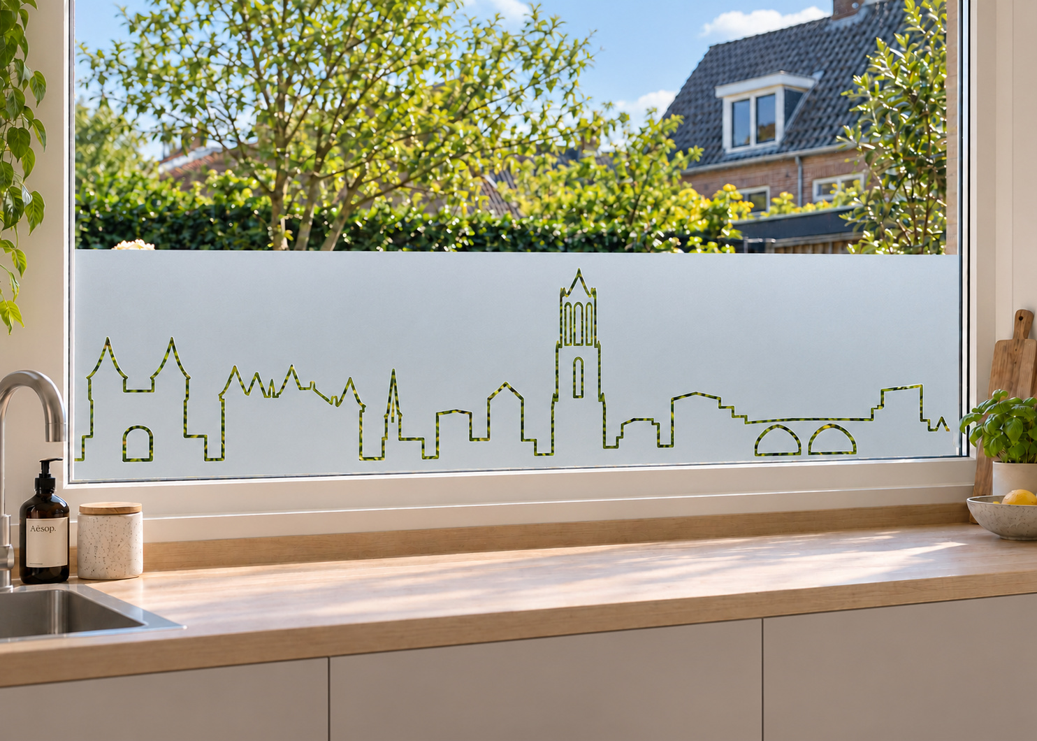 Raamfolie skyline Utrecht (RFH093) als horizontale raamfolie boven het aanrecht in een keukenraam, met matte folie en doorkijk naar de tuin.