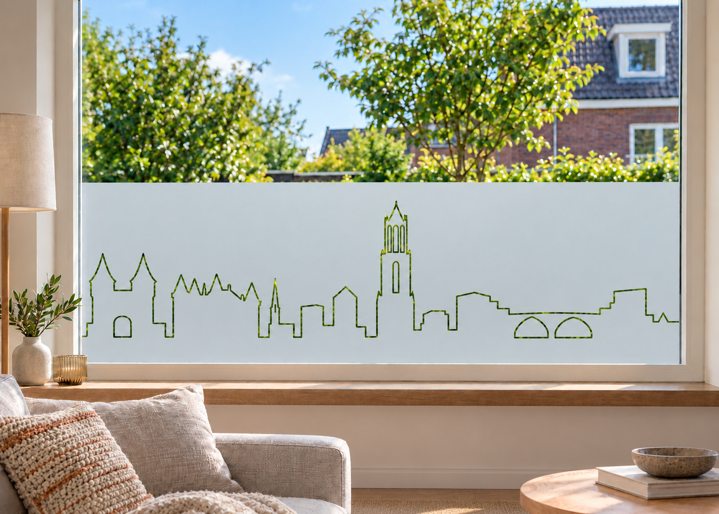 Raamfolie skyline Utrecht (RFH093) als horizontale raamfolie boven de vensterbank in een woonkamerraam, met matte folie en doorkijk naar de tuin.