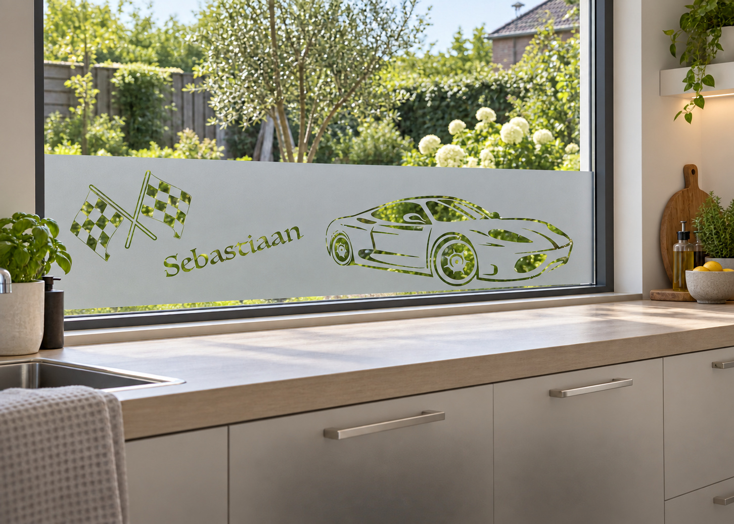 Raamfolie stoere race auto met naam (RF050) als horizontale raamfolie boven het aanrecht in een keukenraam, met matte folie en doorkijk naar de tuin.