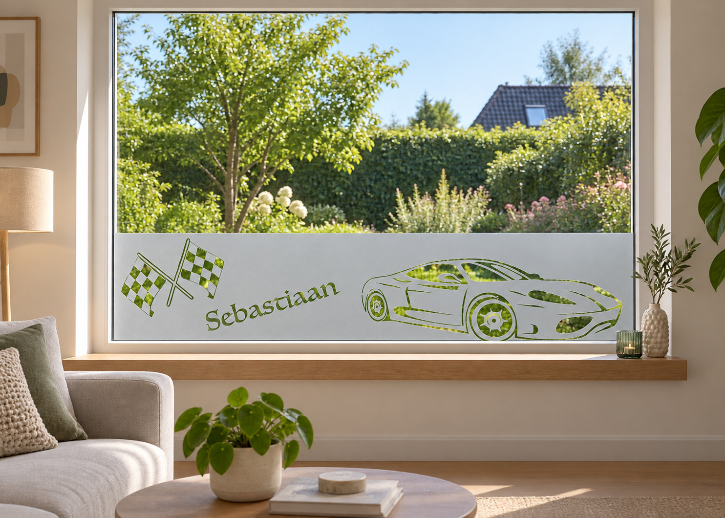 Raamfolie stoere race auto met naam (RF050) als horizontale raamfolie boven de vensterbank in een woonkamerraam, met matte folie en doorkijk naar de tuin.