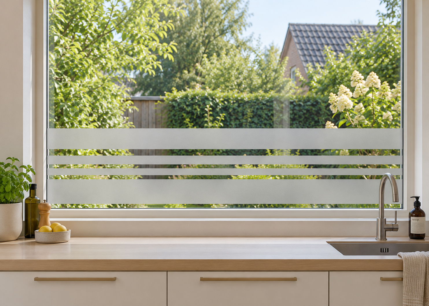 Raamfolie strakke strepen (RFH060) als horizontale raamfolie boven het aanrecht in een keukenraam, met matte folie en doorkijk naar de tuin.