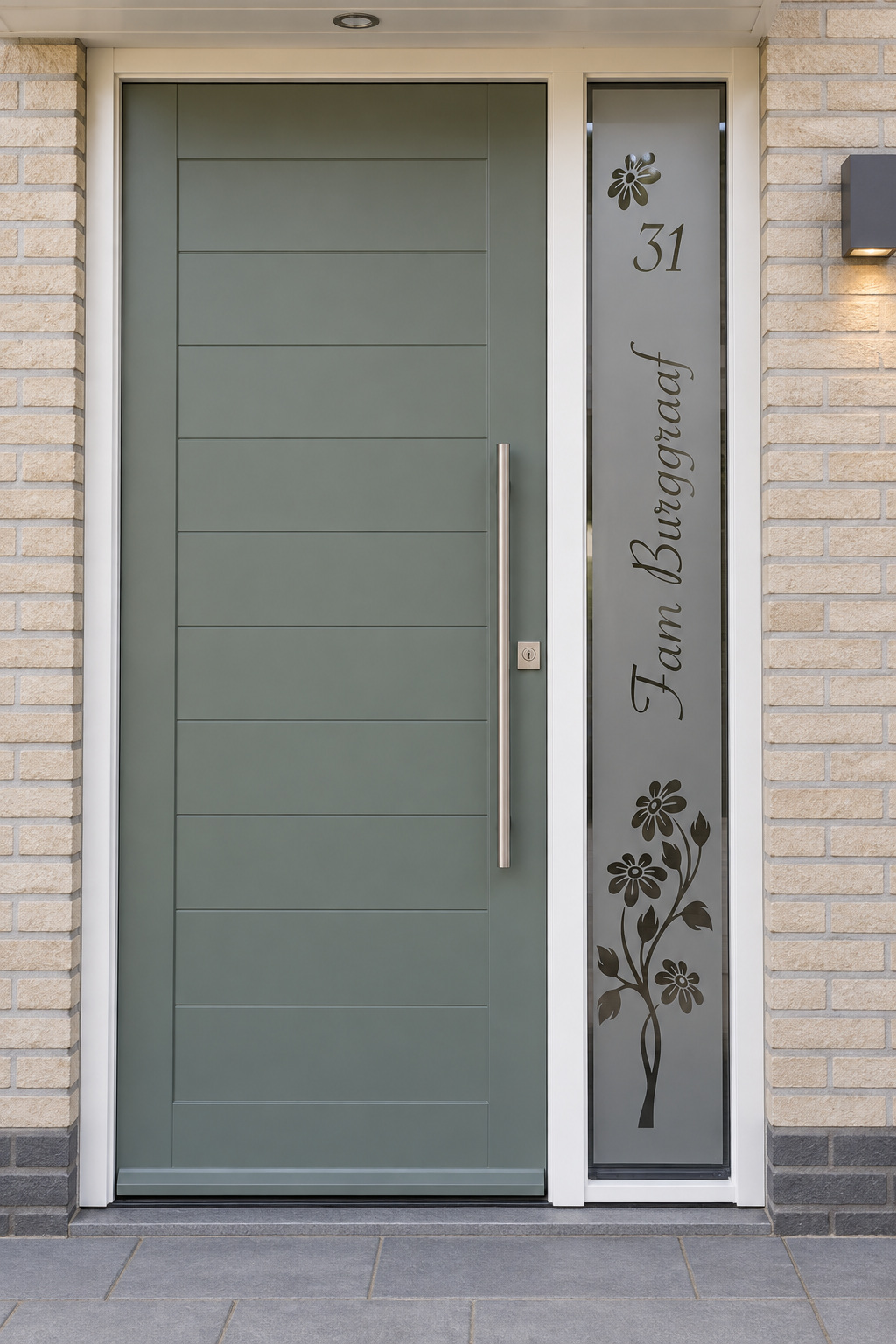 Verticale raamfolie met bloemen en een naam in een lang, smal zijraam naast de voordeur.