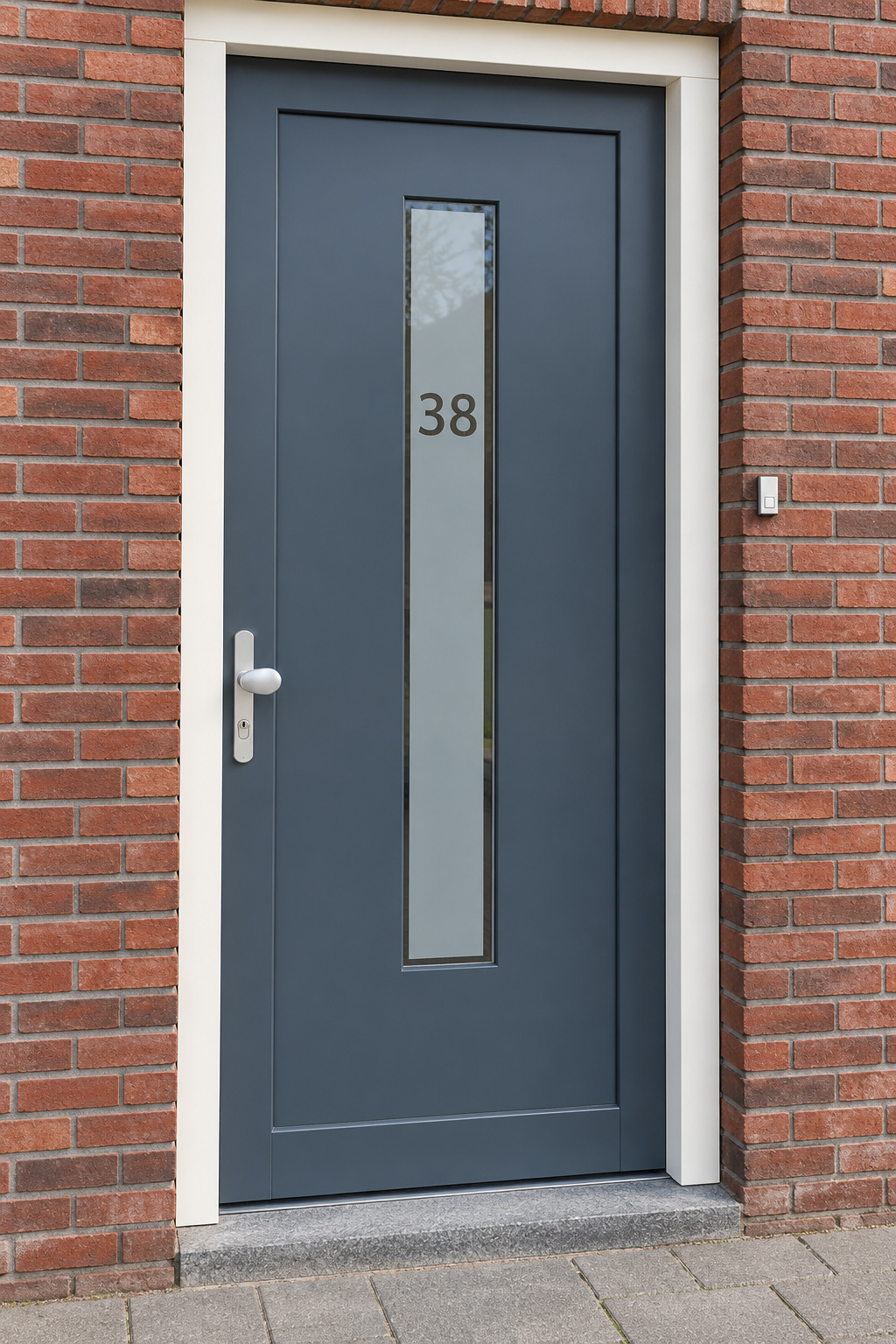 Verticale raamfolie met een huisnummer bovenaan in een smalle, verticale glasstrook in de voordeur.