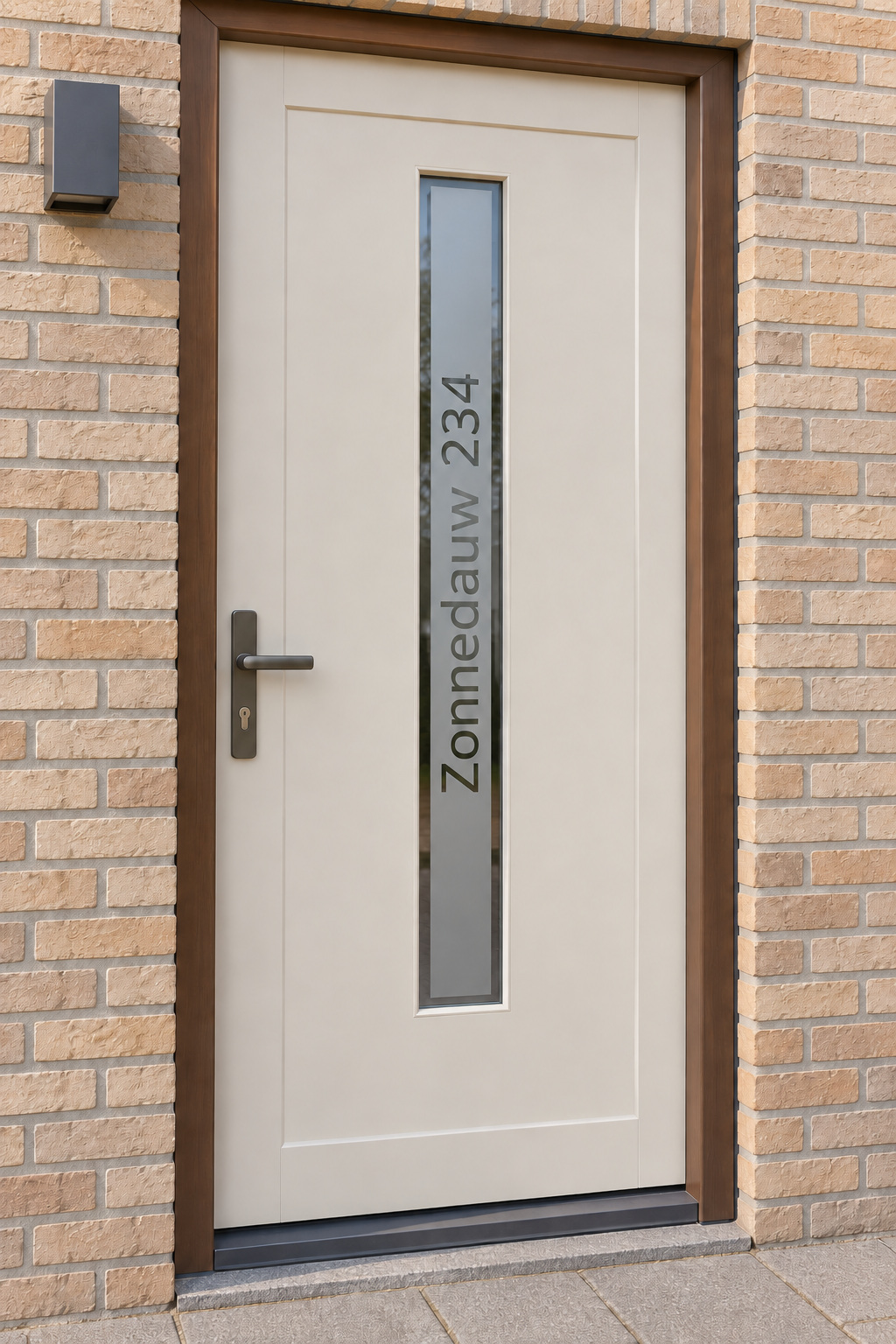 Verticale raamfolie met een straatnaam en een huisnummer in een smalle, verticale glasstrook in de voordeur.
