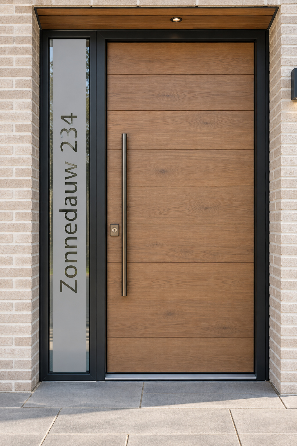 Verticale raamfolie met een straatnaam en een huisnummer in een lang, smal zijraam naast de voordeur.