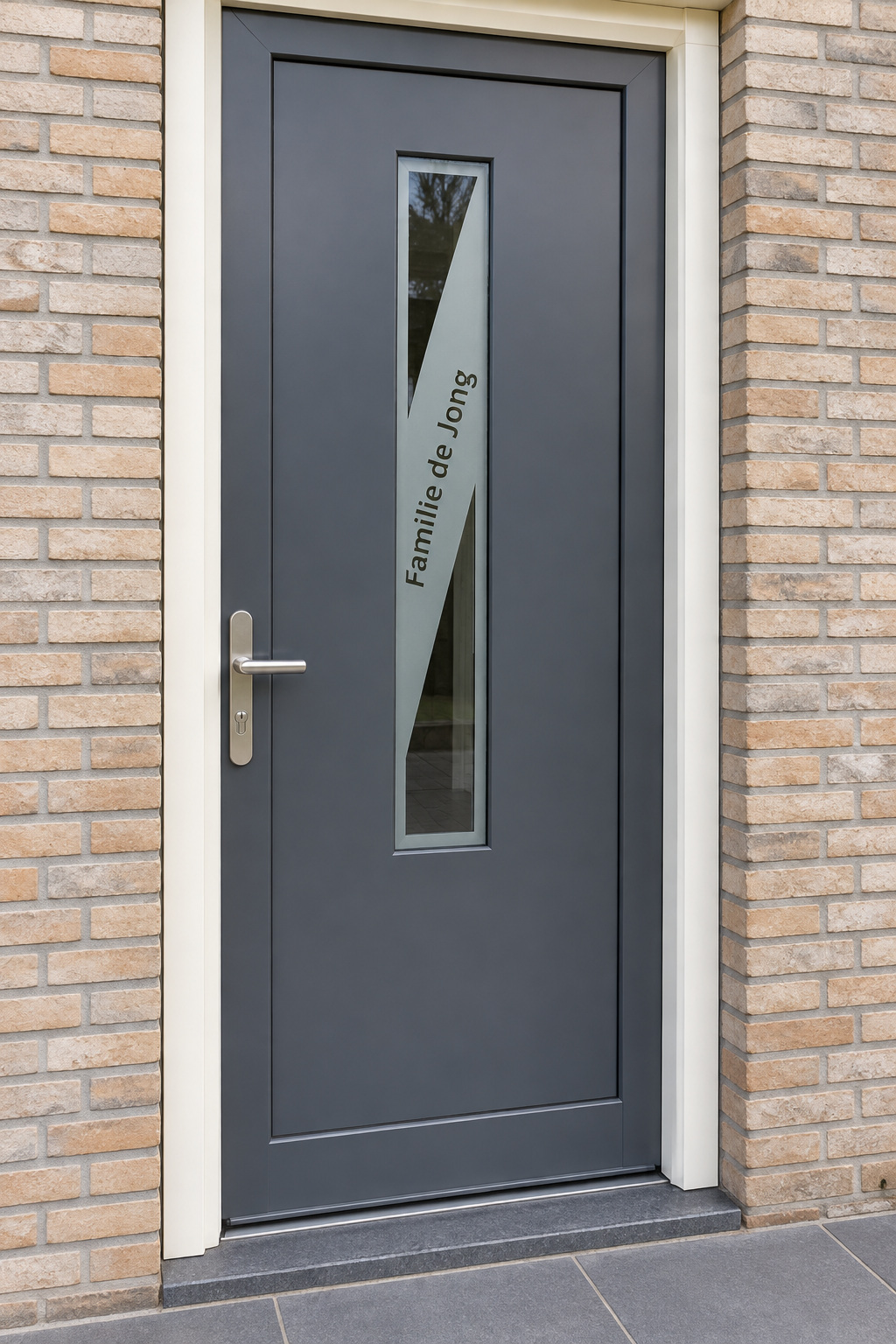 Verticale raamfolie met schuine vlakken en een naam in een smalle, verticale glasstrook in de voordeur.