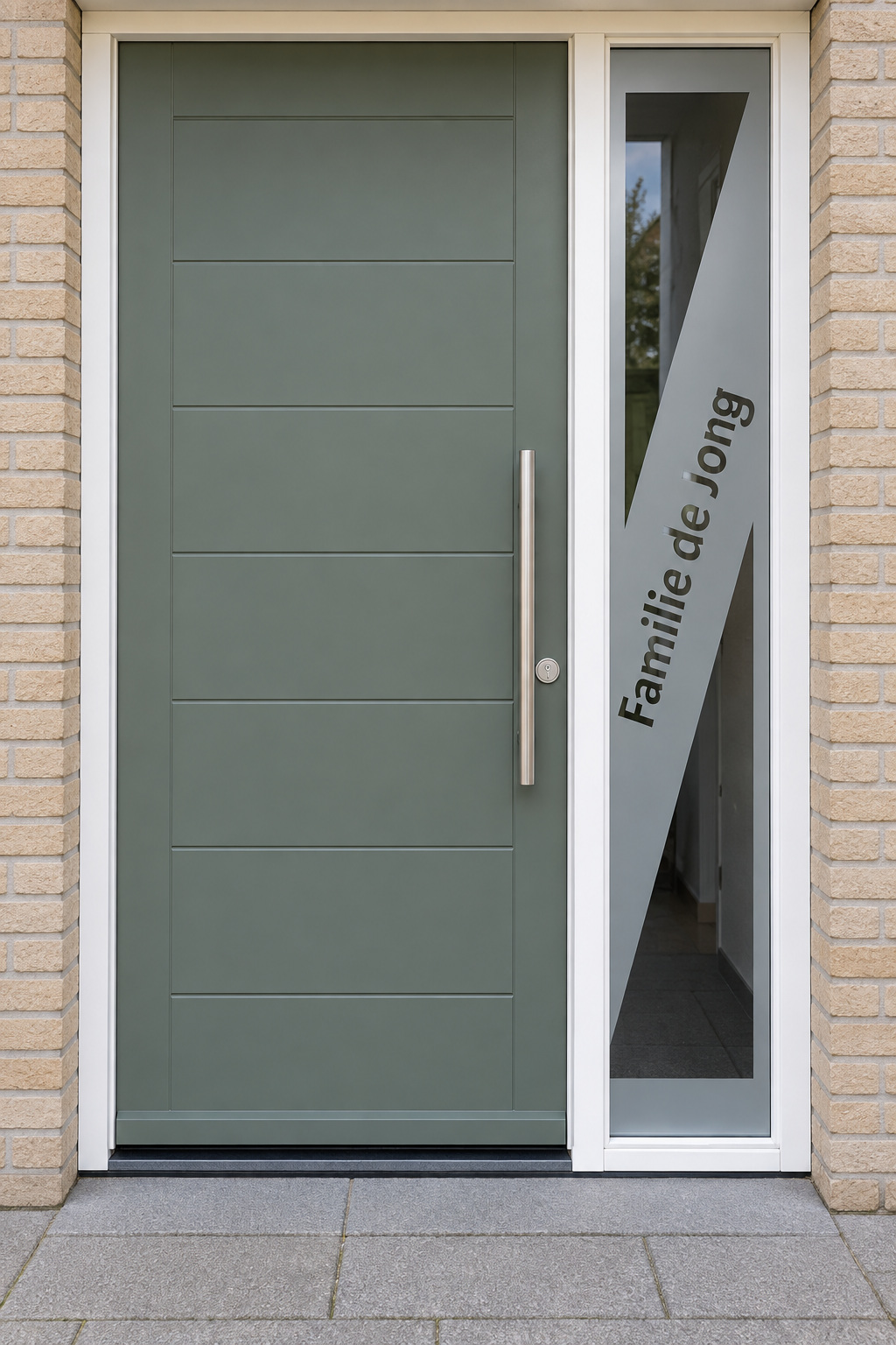 Verticale raamfolie met schuine vlakken en een naam in een lang, smal zijraam naast de voordeur.
