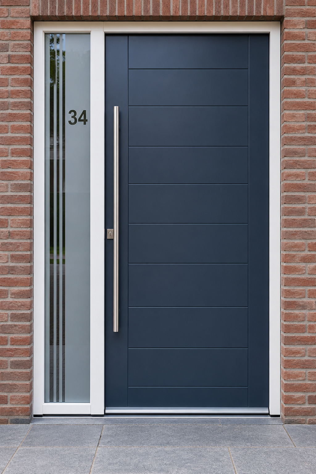 Gesneden matglasfolie met strakke strepen en een huisnummer in een lang, smal zijraam naast de voordeur.