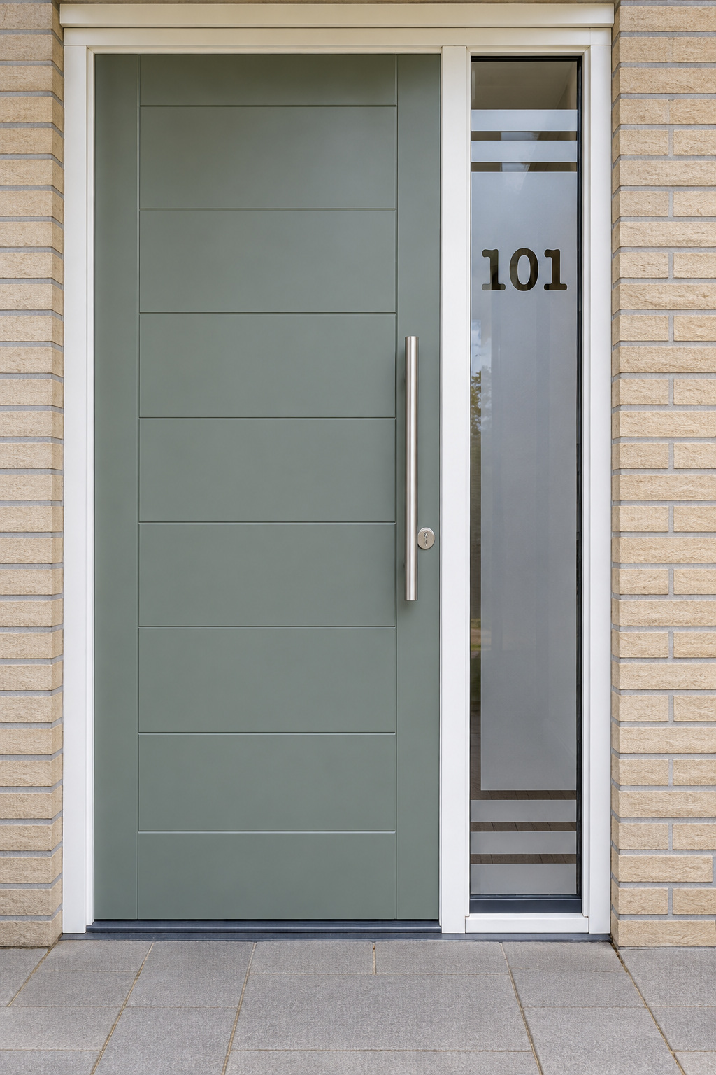 Verticale raamfolie met strepen en een huisnummer in een lang, smal zijraam naast de voordeur.