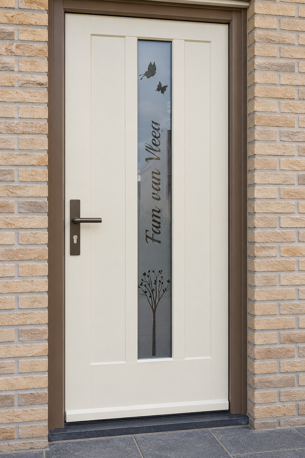 Gesneden matglasfolie met vlinders en een naam in een smalle, verticale glasstrook in de voordeur.
