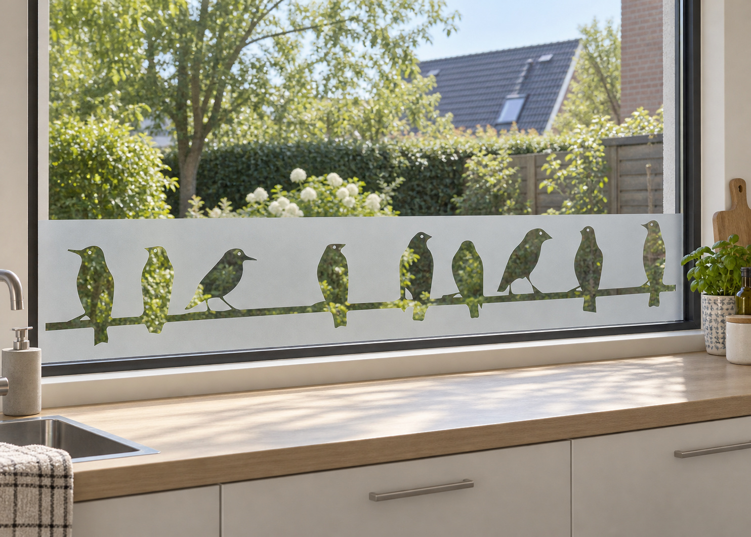 Raamfolie vogels op tak (RFH061) als horizontale raamfolie boven het aanrecht in een keukenraam, met matte folie en doorkijk naar de tuin.