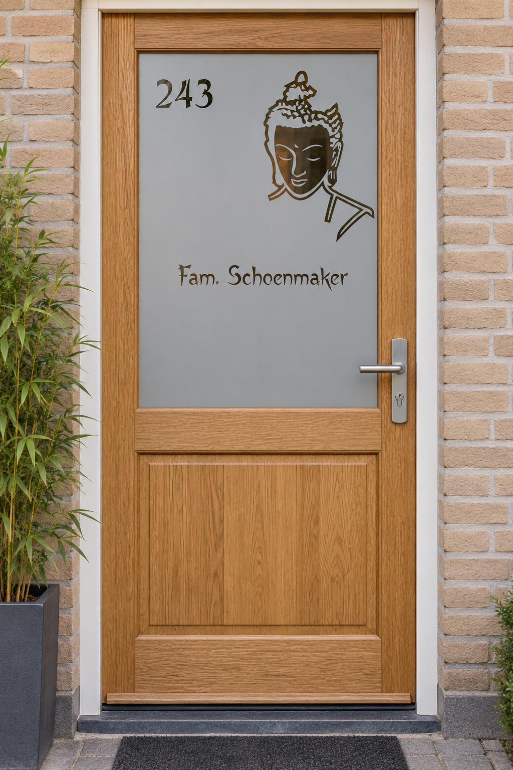 Nederlandse voordeur recht van voren met raamfolie boeddhagezicht met naam: een boeddhagezicht met familienaam en huisnummer.