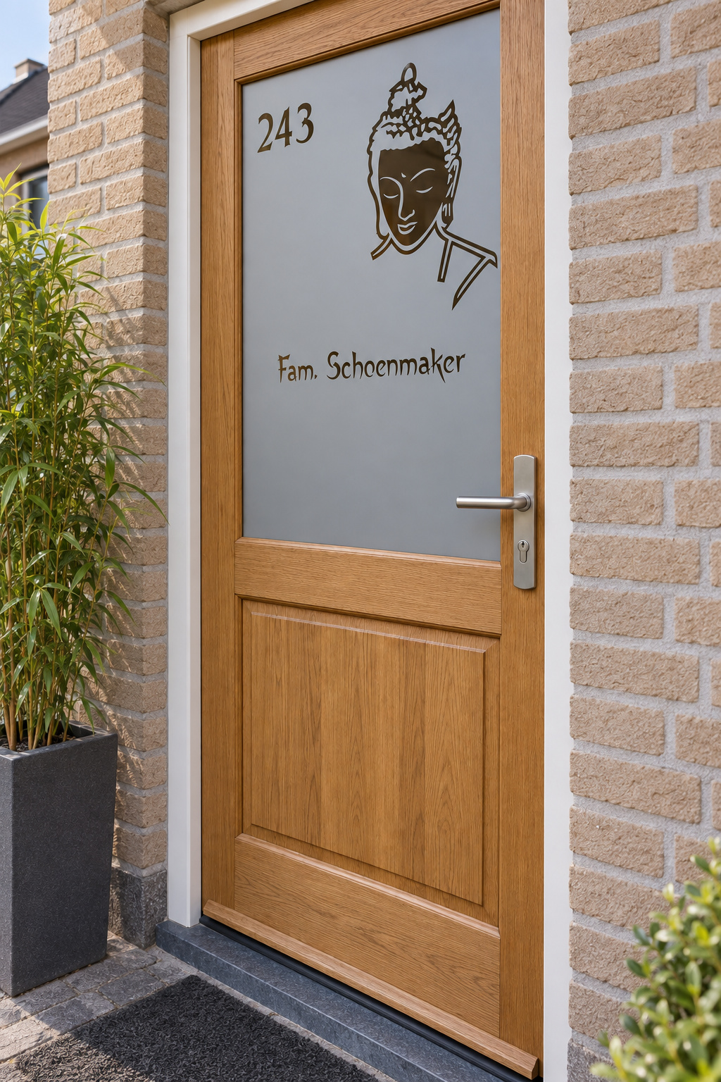 Schuin aanzicht van een Nederlandse voordeur met een boeddhagezicht met familienaam en huisnummer in raamfolie boeddhagezicht met naam.