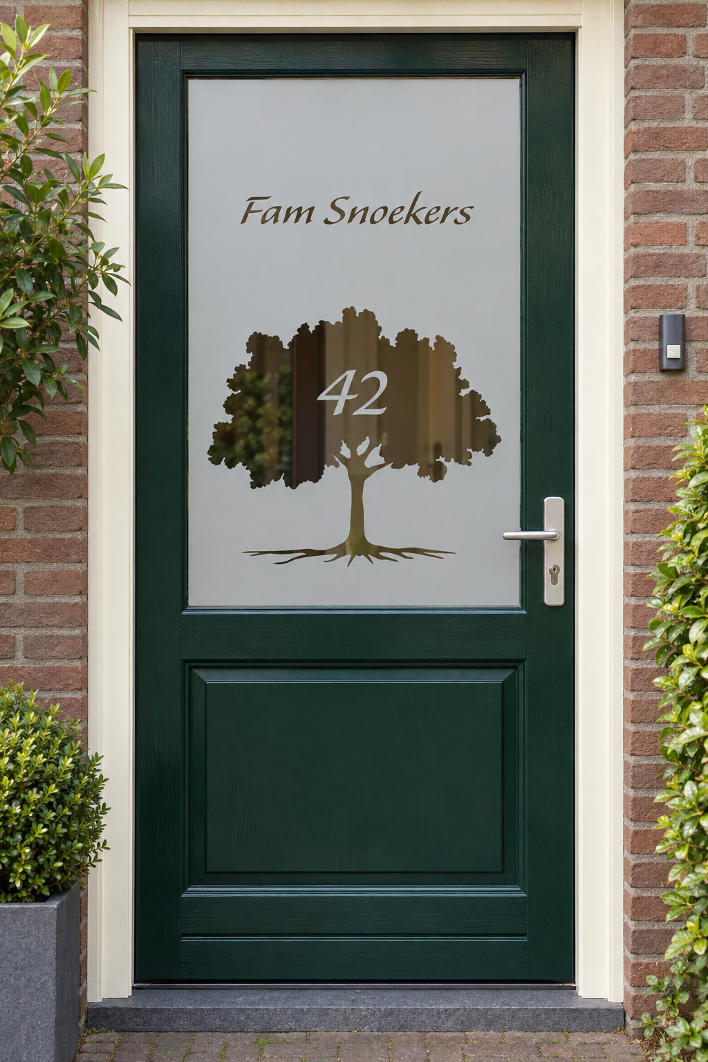 Nederlandse voordeur recht van voren met raamfolie boom met naam en huisnummer: een boom met huisnummer in de kruin en familienaam erboven.