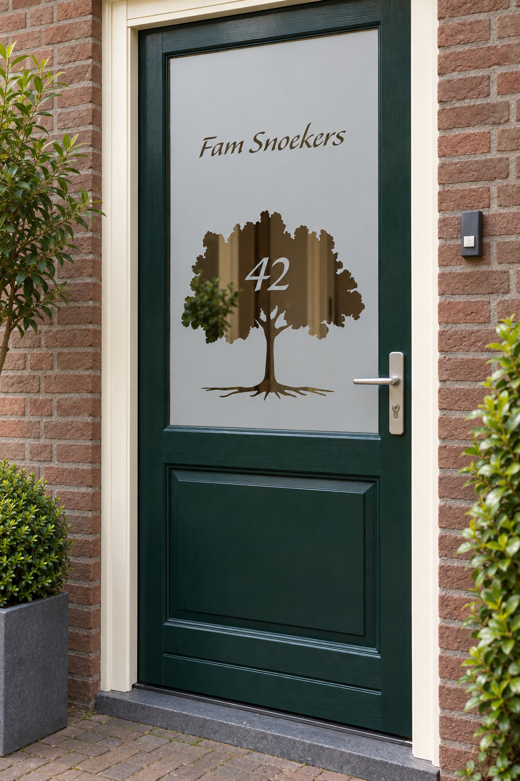 Schuin aanzicht van een Nederlandse voordeur met een boom met huisnummer in de kruin en familienaam erboven in raamfolie boom met naam en huisnummer.