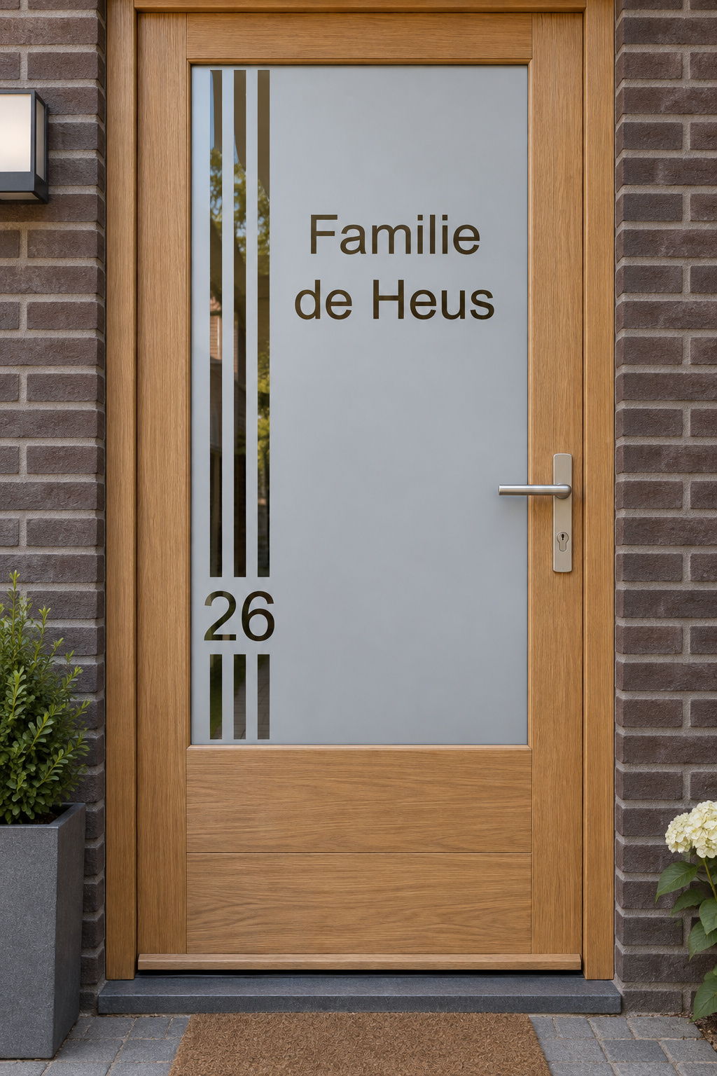 Nederlandse voordeur recht van voren met raamfolie drie strepen met naam: drie verticale strepen en een familienaam.