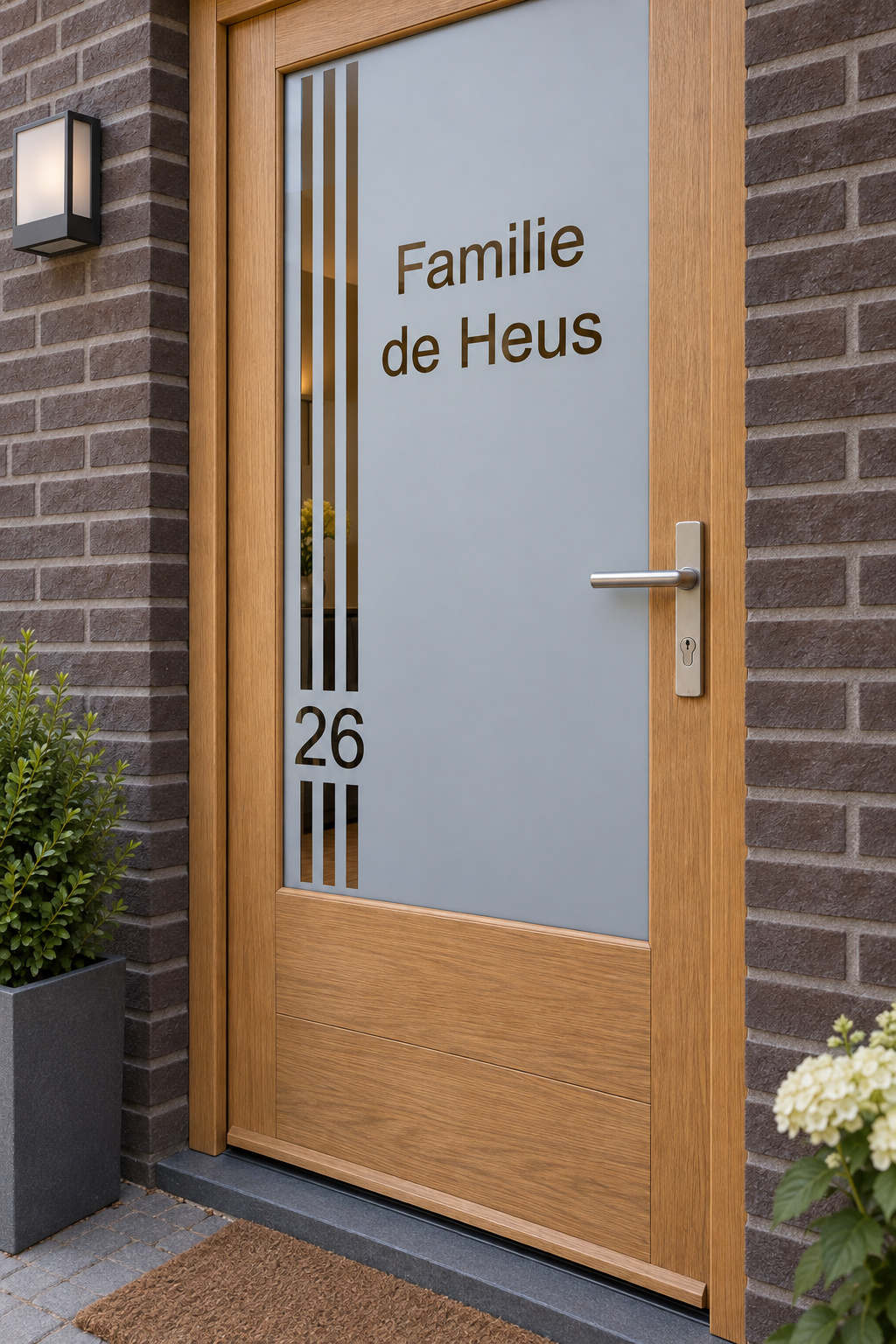 Schuin aanzicht van een Nederlandse voordeur met drie verticale strepen en een familienaam in raamfolie drie strepen met naam.