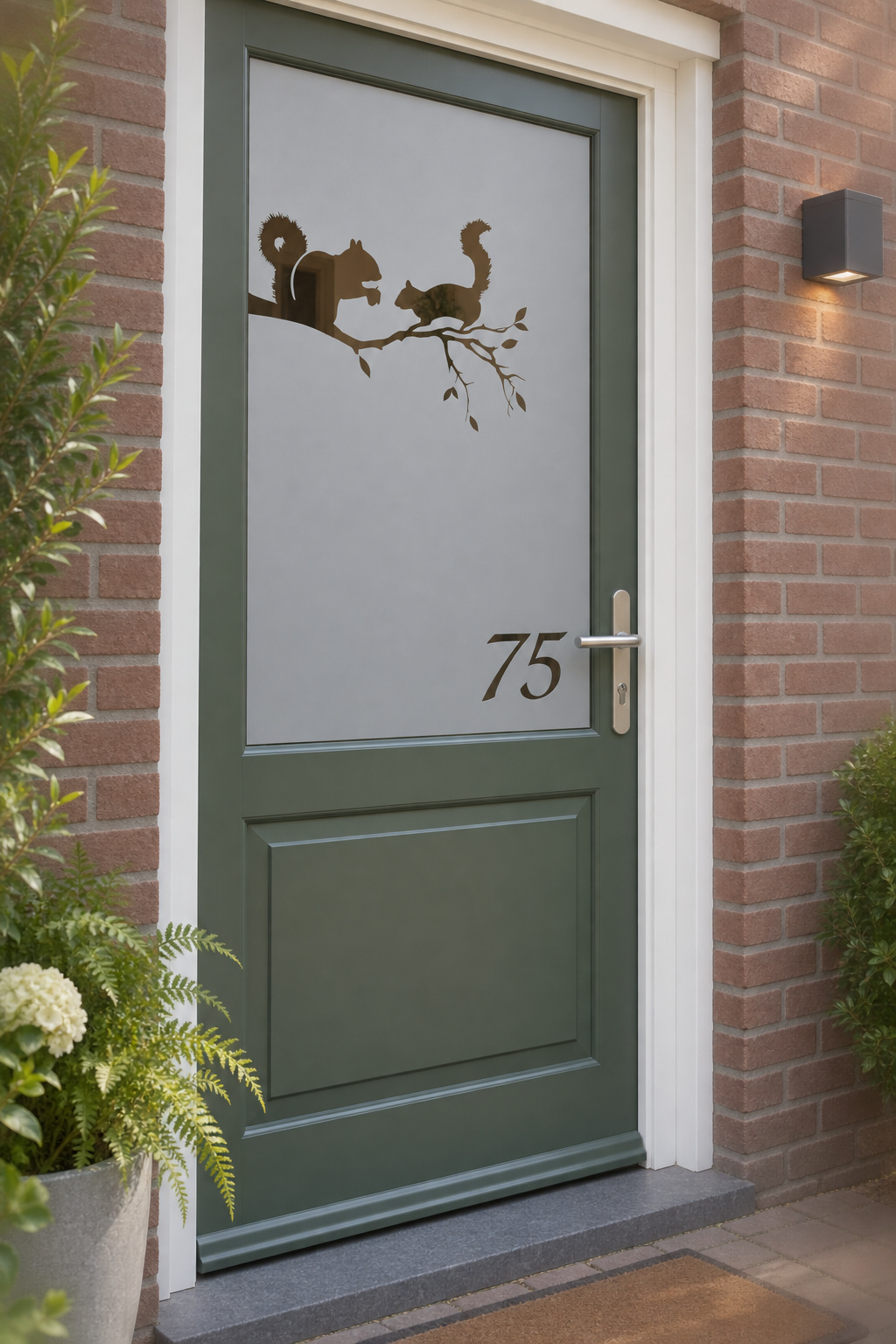 Schuin aanzicht van een Nederlandse voordeur met twee eekhoorns op een tak en een huisnummer in raamfolie eekhoorns.