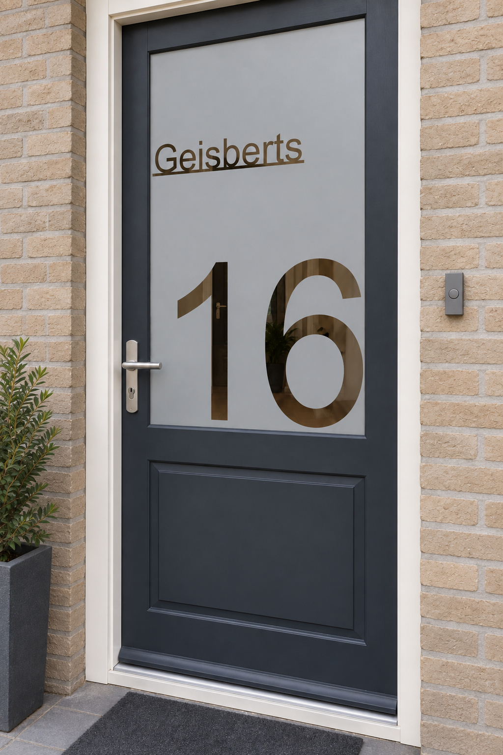 Schuin aanzicht van een Nederlandse voordeur met een groot huisnummer en een onderstreepte familienaam in raamfolie eenvoudig design met groot huisnummer.