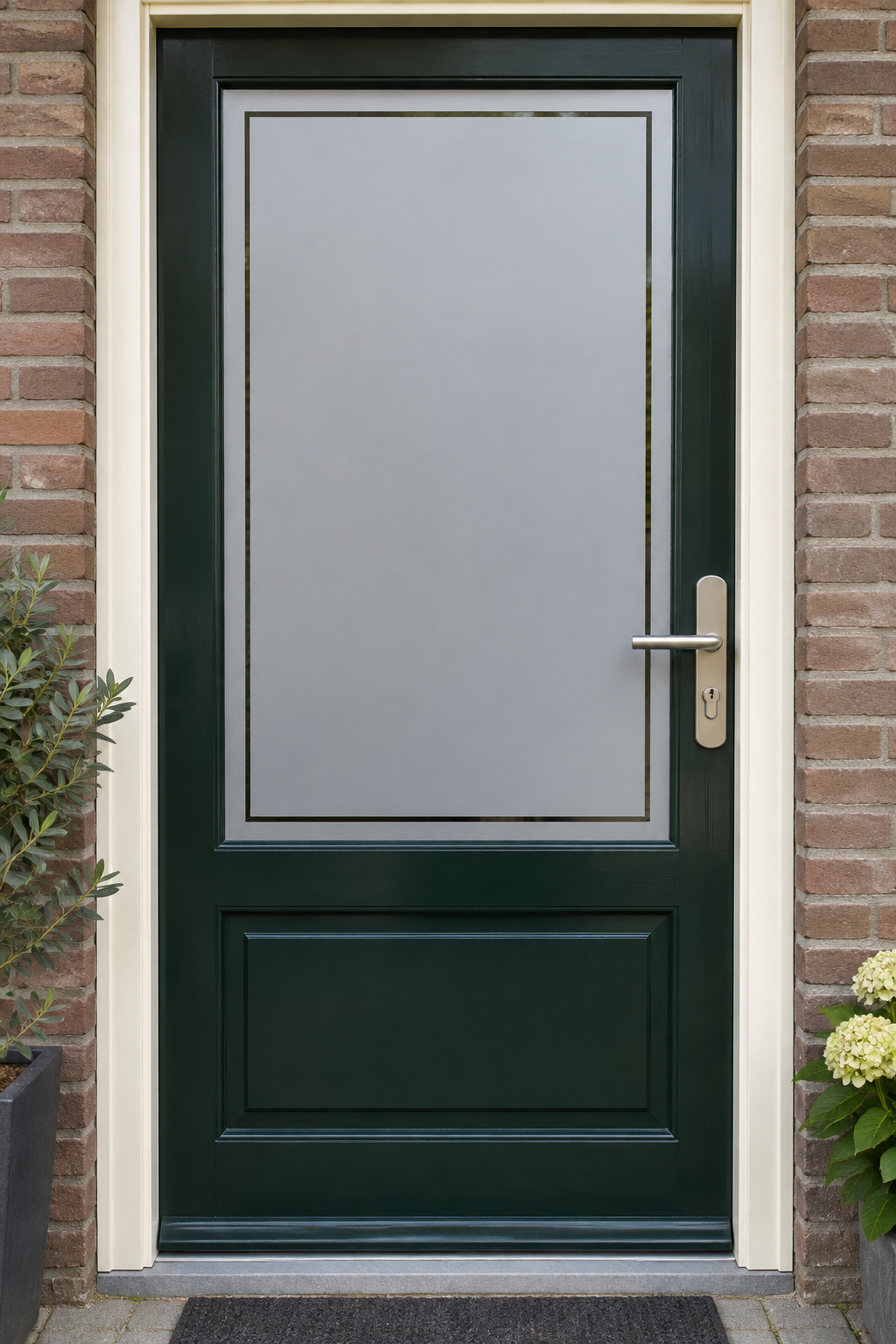 Nederlandse voordeur recht van voren met raamfolie eenvoudig kader: een eenvoudig rechthoekig kader.