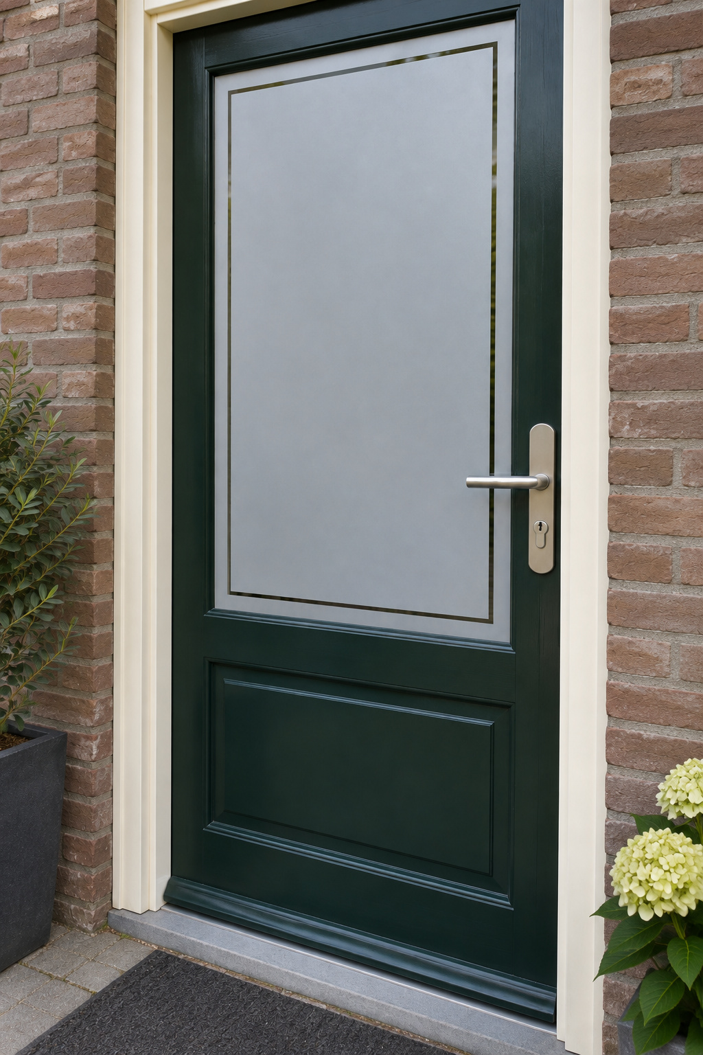 Schuin aanzicht van een Nederlandse voordeur met een eenvoudig rechthoekig kader in raamfolie eenvoudig kader.