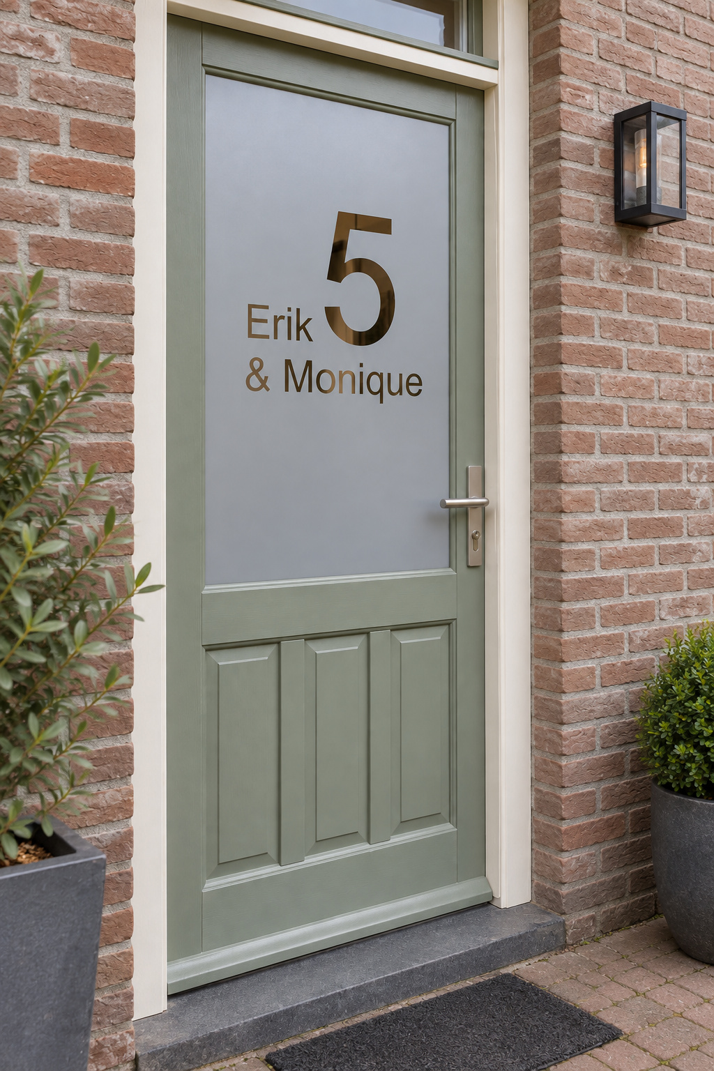 Schuin aanzicht van een Nederlandse voordeur met een huisnummer met twee voornamen in raamfolie eenvoudig ontwerp met namen.