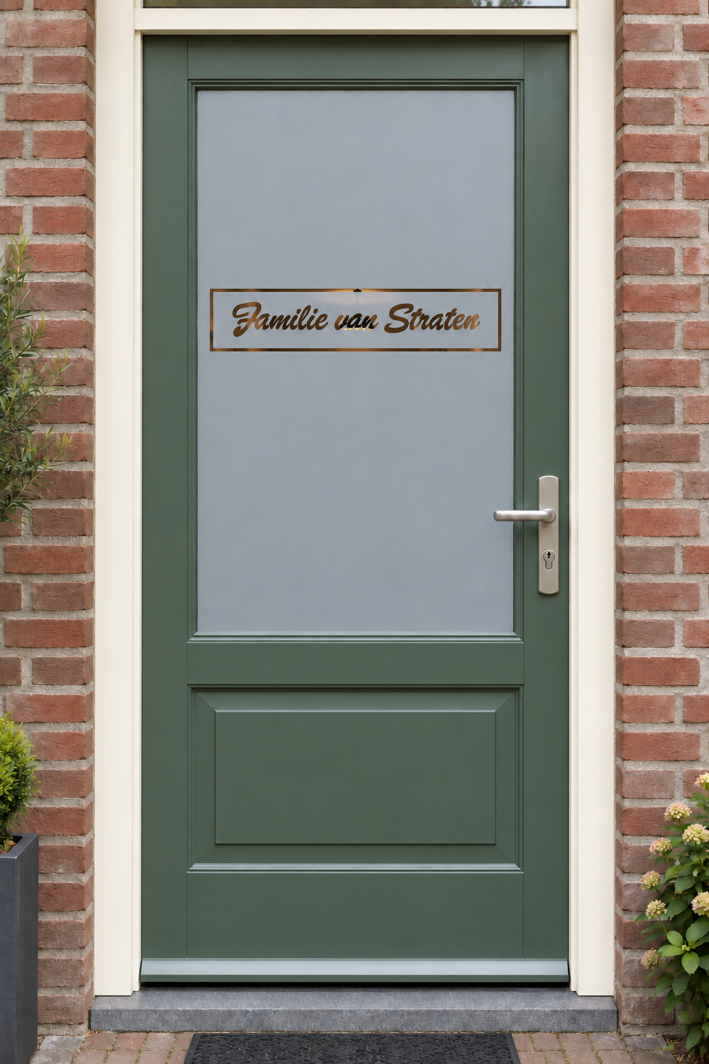 Nederlandse voordeur recht van voren met raamfolie familienaam in smal kader: een familienaam in een smal rechthoekig kader.
