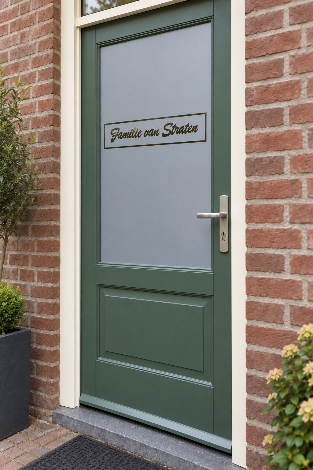 Schuin aanzicht van een Nederlandse voordeur met een familienaam in een smal rechthoekig kader in raamfolie familienaam in smal kader.