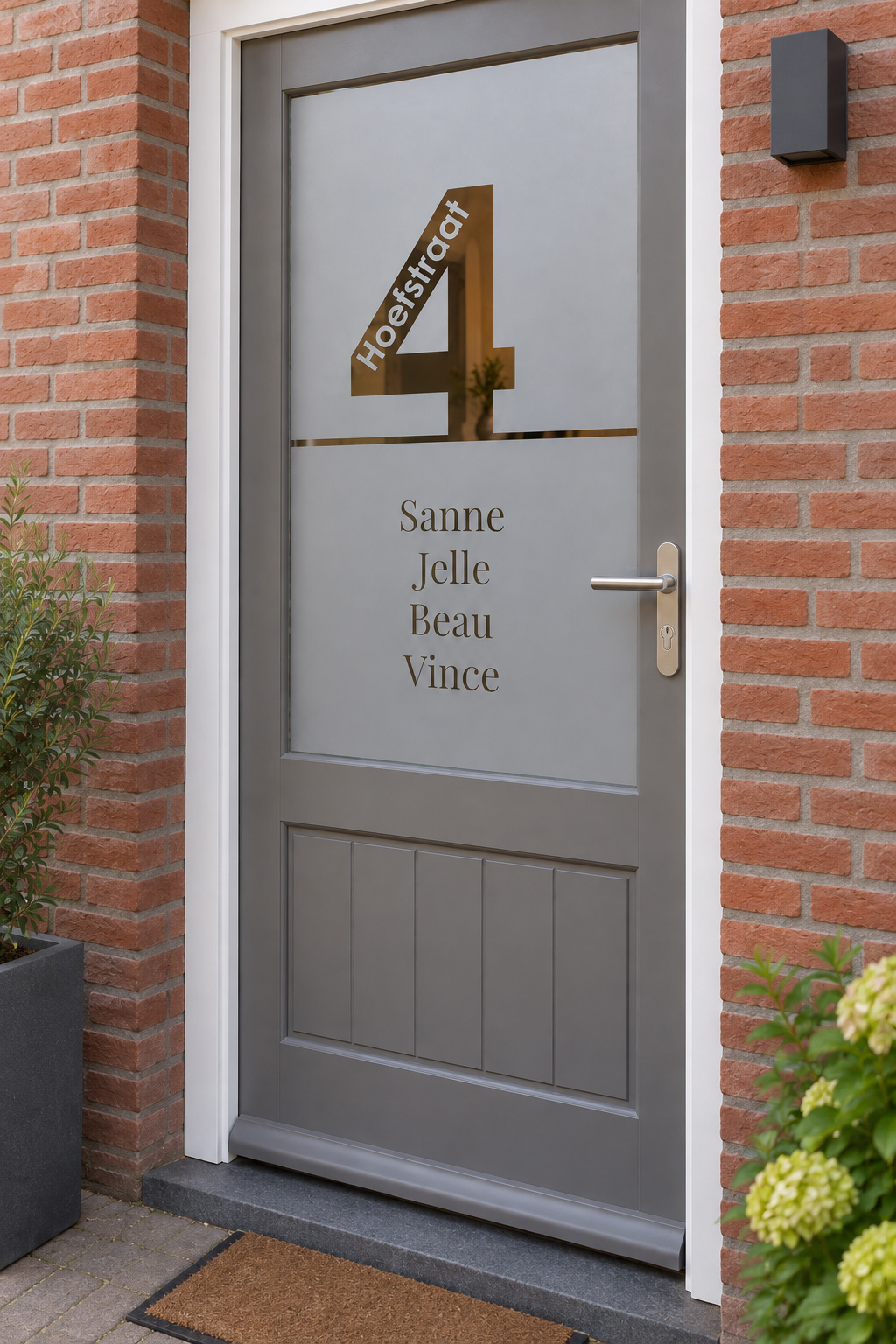 Schuin aanzicht van een Nederlandse voordeur met een groot huisnummer met straatnaam en vier namen in raamfolie groot huisnummer met straatnaam en namen.