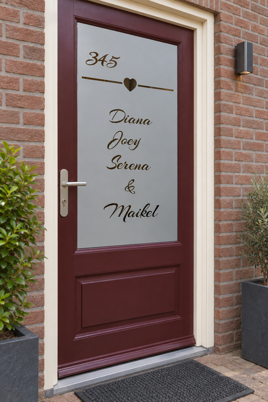 Schuin aanzicht van een Nederlandse voordeur met een hartje, namen en huisnummer in raamfolie hartje.