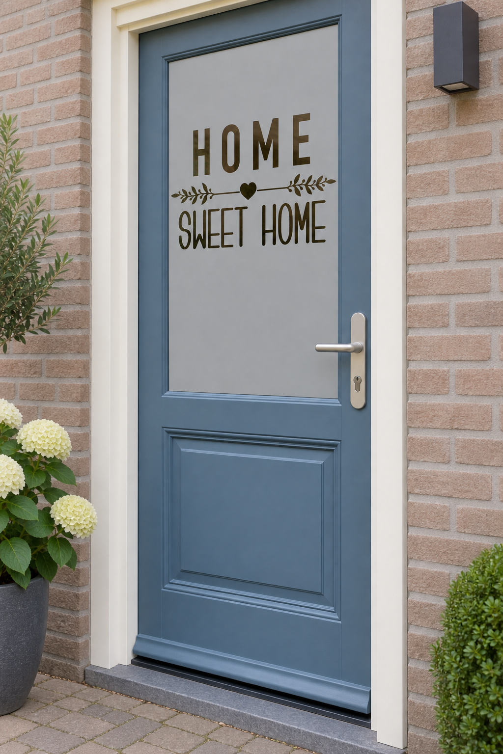Schuin aanzicht van een Nederlandse voordeur met de tekst Home Sweet Home met een hart en takjes in raamfolie home sweet home met hart.