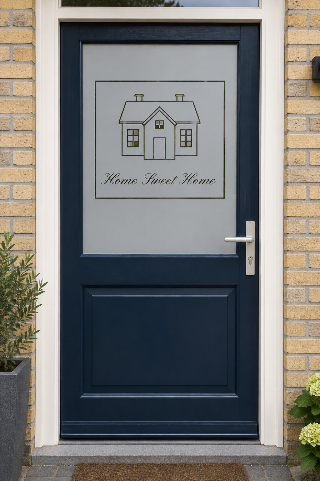 Nederlandse voordeur recht van voren met raamfolie home sweet home met huisje: een huisje in lijntekening en Home Sweet Home.