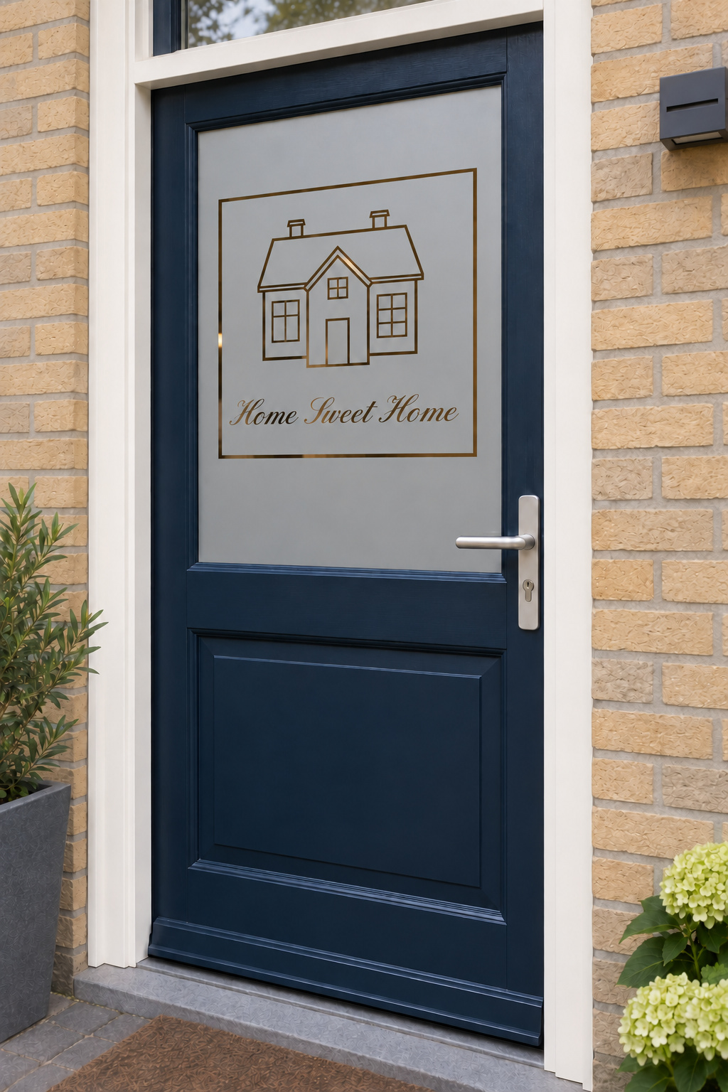 Schuin aanzicht van een Nederlandse voordeur met een huisje in lijntekening en Home Sweet Home in raamfolie home sweet home met huisje.