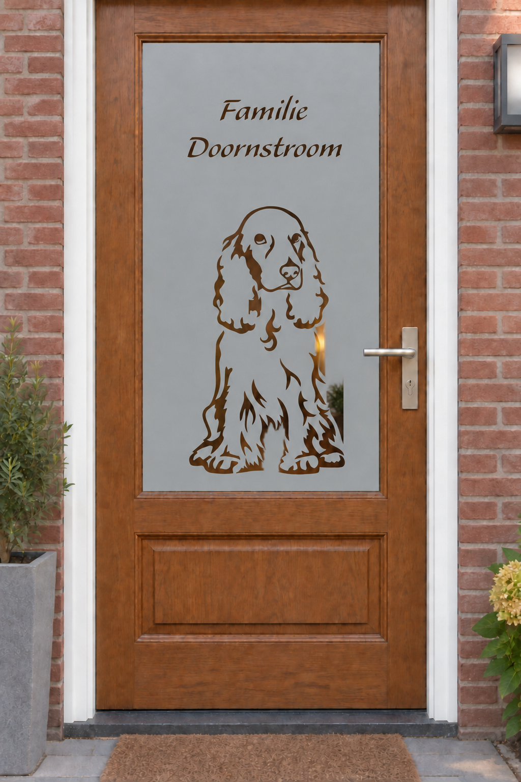 Nederlandse voordeur recht van voren met raamfolie huisdier met naam: een zittende hond in lijntekening met familienaam.