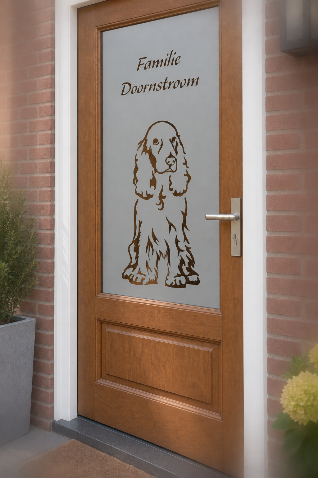 Schuin aanzicht van een Nederlandse voordeur met een zittende hond in lijntekening met familienaam in raamfolie huisdier met naam.