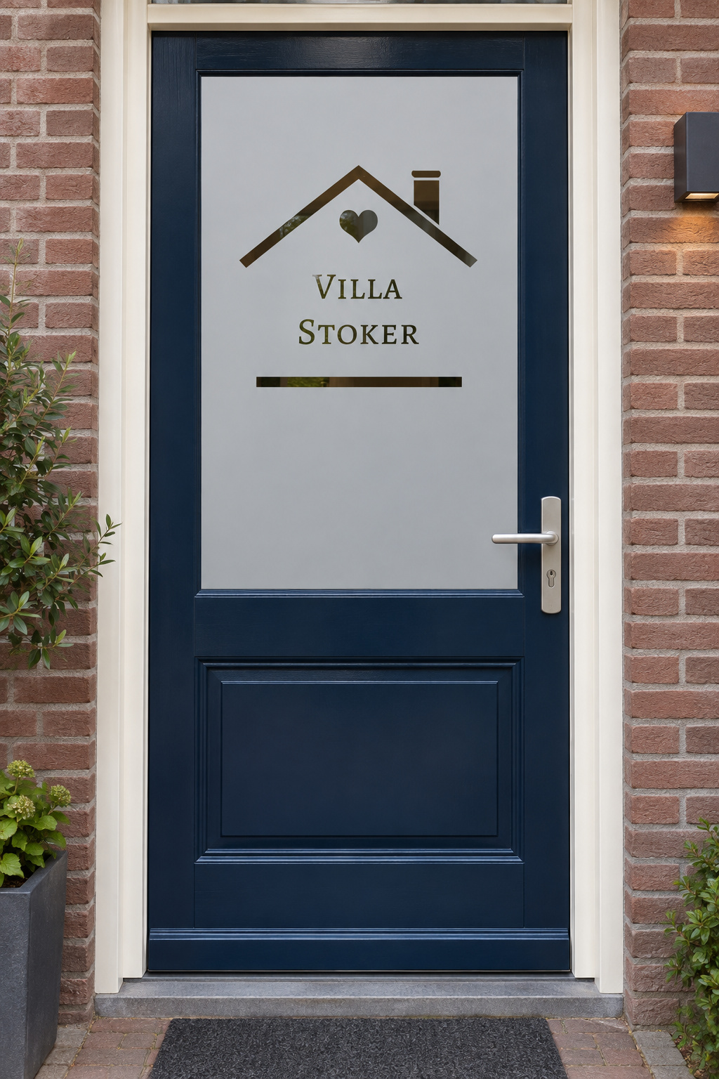 Nederlandse voordeur recht van voren met raamfolie huisje villa met naam: een huisje met hart en de tekst Villa.