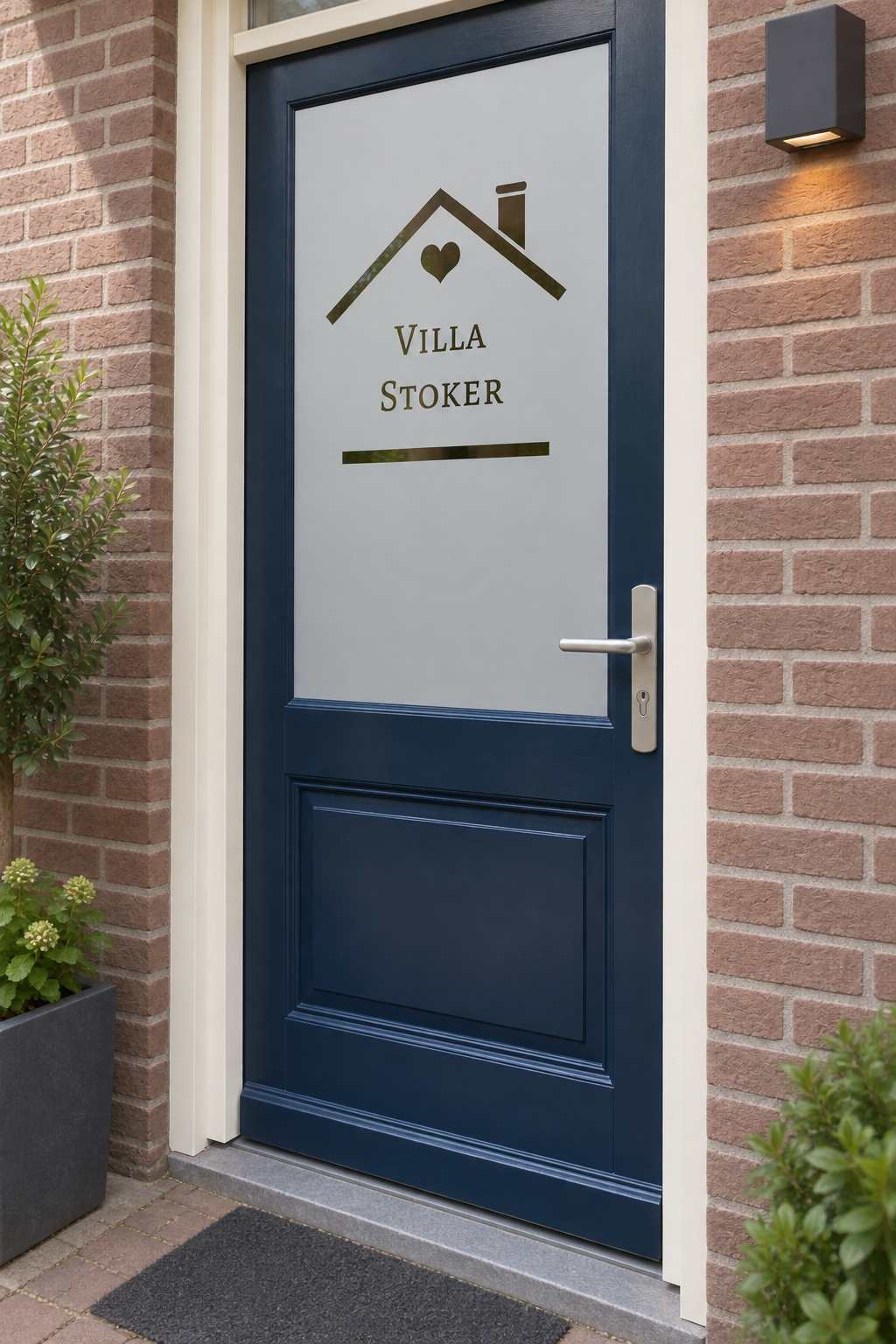 Schuin aanzicht van een Nederlandse voordeur met een huisje met hart en de tekst Villa in raamfolie huisje villa met naam.