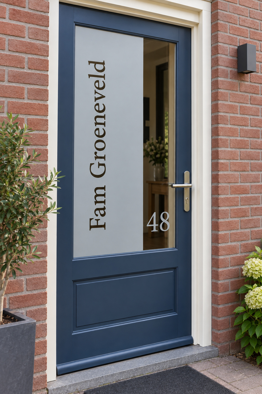 Schuin aanzicht van een Nederlandse voordeur met een brede transparante strook met huisnummer en een verticale familienaam in raamfolie huisnummer en naam.